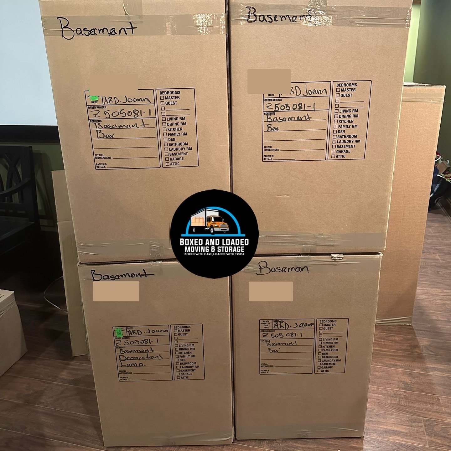 Original photograph of professionally labeled moving boxes